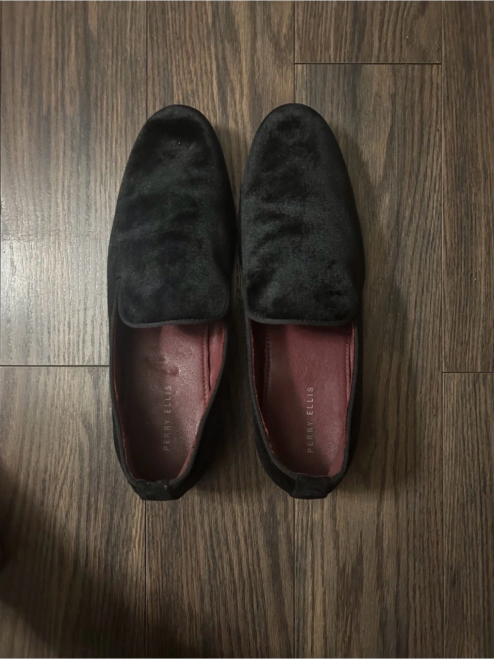 Perry Ellis Black Velvet Slip-On Loafers with Burgundy Insole
